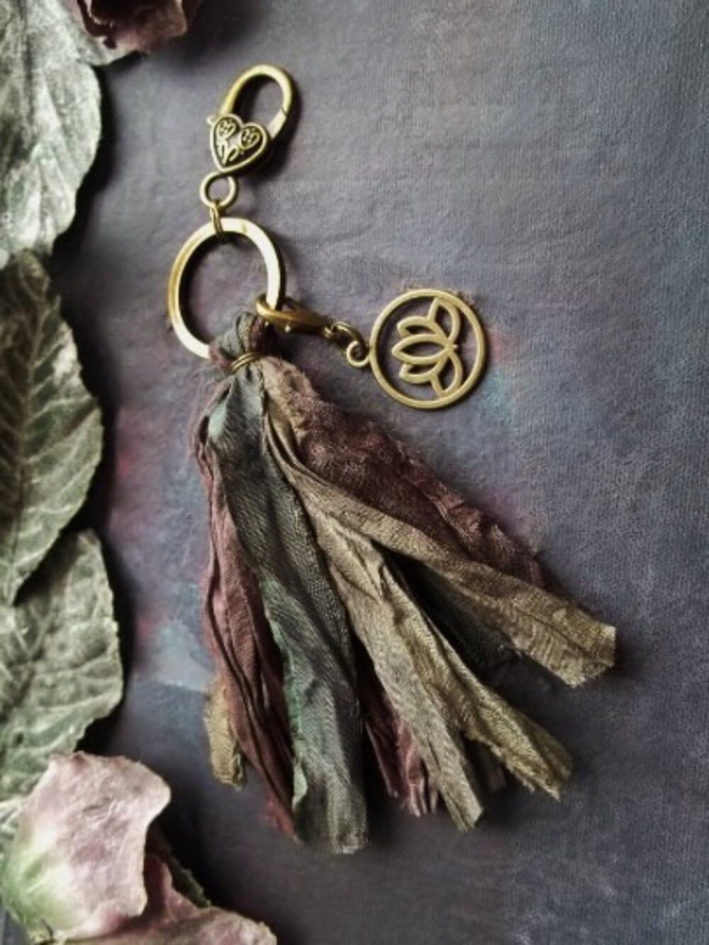 Boho Sari Silk Tassel Keychain Detachable Lotus Charm Recycled Fabric Charm